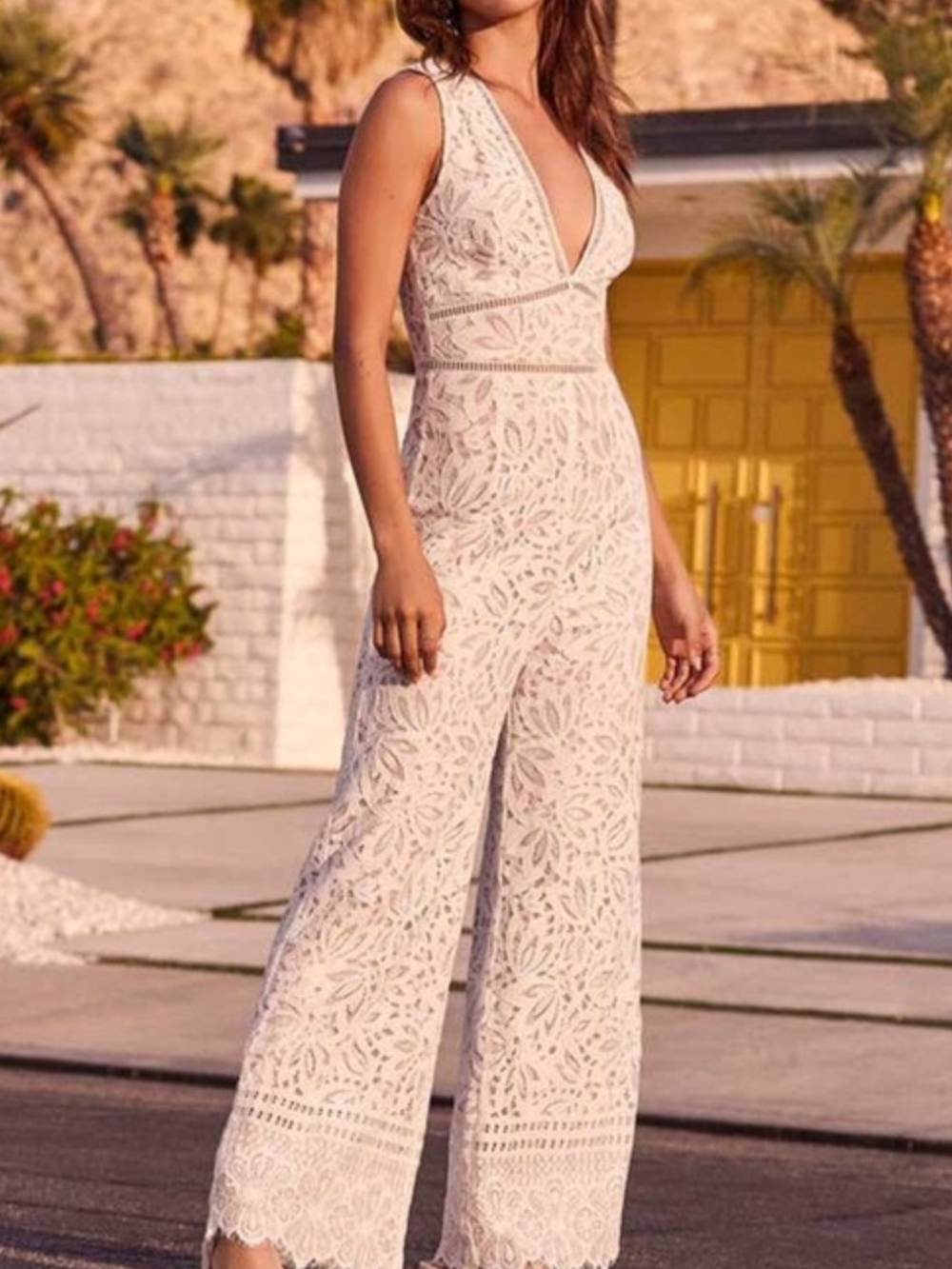 Sleeveless Lace V-Neck Wide-Leg Jumpsuit in Ivory
